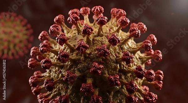 Obraz A detailed close up of a coronavirus cell with red spikes against a dark reddish brown background