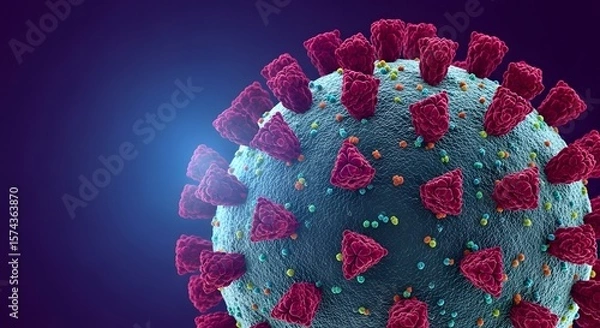 Obraz A detailed microscopic view of a coronavirus particle with spike proteins on a dark blue background