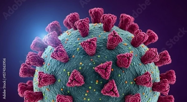 Obraz A detailed close up of a coronavirus cell structure with spikes and surface granules on a dark background