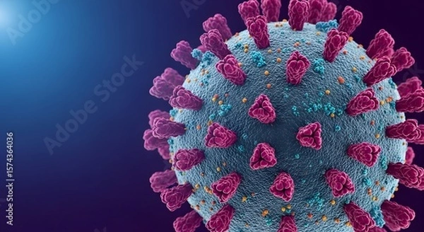 Obraz Detailed microscopic view of a coronavirus cell with purple spikes on a textured blue background