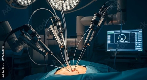 Obraz Robotic surgery in progress with surgical instruments and a monitor displaying medical data clearly visible