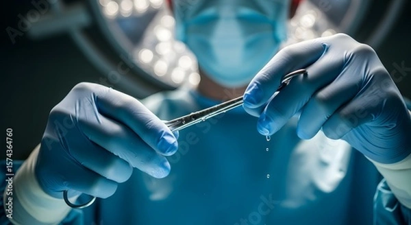 Obraz Surgeon in scrubs holding surgical tool with water droplets in bright operating room setting view