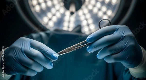 Obraz Gloved hands holding surgical scissors under bright operating room lights in a medical setting view