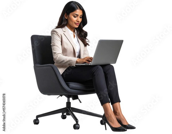 Obraz Young Business Woman Typing on Laptop – Seated Working Pose, Transparent Background
