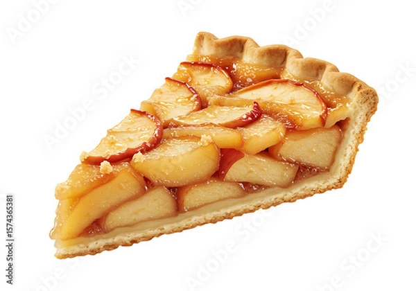 Fototapeta Slice of apple pie featuring layers of glazed apples in a pastry crust against a black background