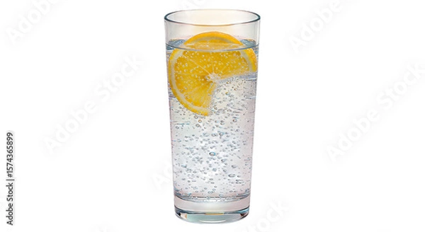 Fototapeta A tall glass of clear sparkling water with a slice of lemon creating a refreshing and fizzy mood.