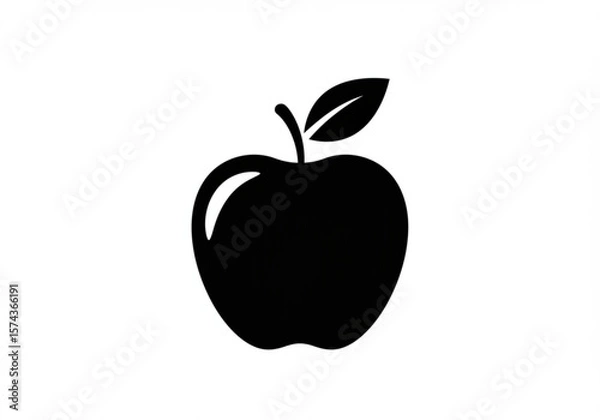 Fototapeta Simple black silhouette of an apple with a leaf and stem on a white background