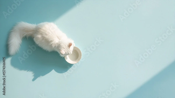 Obraz ターコイズブルーの空間で水を飲む白い猫 | 上品な光と影