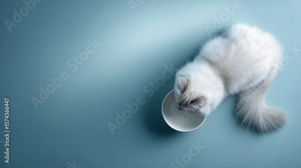 Obraz 真上から見た白い長毛猫の水飲みシーンと余白 | 俯瞰構図