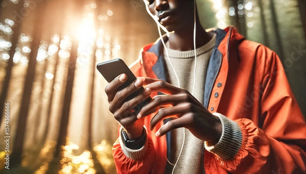 Obraz Close-Up of Hands Holding Smartphone in Sunlit Forest