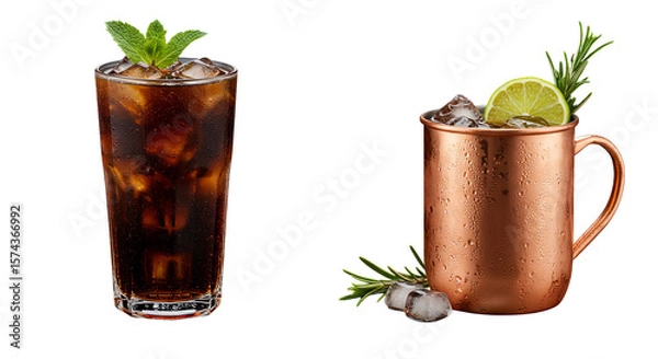 Fototapeta Refreshing beverages featuring a highball glass with mint and copper mug with lime, against black.