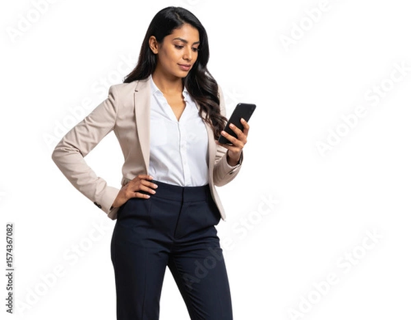 Obraz Business Woman Using Smartphone – Casual Tech Interaction Pose, Transparent Background