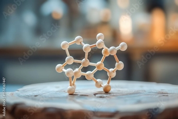 Fototapeta Molecular model representing complex scientific structure and organic chemistry concepts symbol of innovation education and research on rustic wooden background