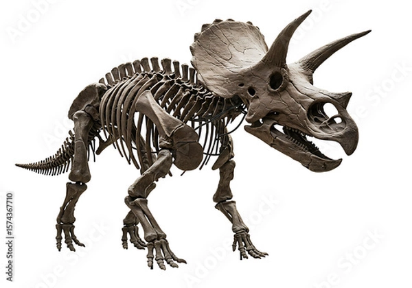 Fototapeta Triceratops skeleton a fossilized dinosaur with large horns on a black background