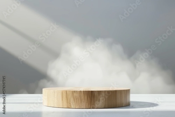 Fototapeta Elegant wooden podium display stand for product presentation in a minimalist studio with soft smoke and natural light shadows