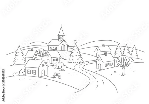 Fototapeta Christmas scenery drawing. It is a black and white outline image of a festive Christmas village with houses, a church, and a decorated tree, evoking holiday spirit. Vector sketch line art draw.