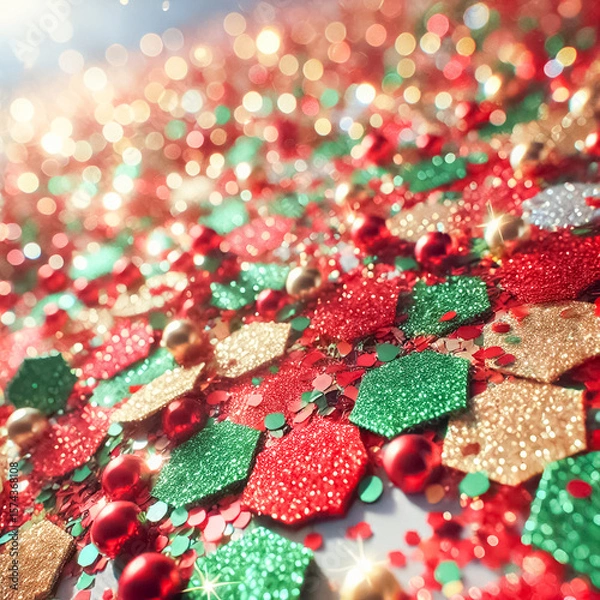 Obraz Top View of Festive Christmas Glitter in Red, Green, and Gold