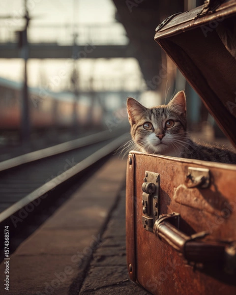 Fototapeta Curious cat peeking out of an open suitcase on a train station platform