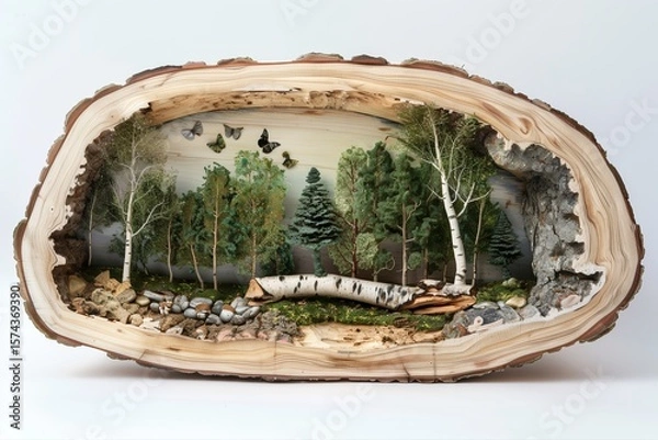 Fototapeta Enchanting miniature forest diorama encased in a natural tree trunk, featuring birch, pine trees, moss, rocks, and butterflies, evoking tranquility and artistic craftsmanship for eco-themed designs.