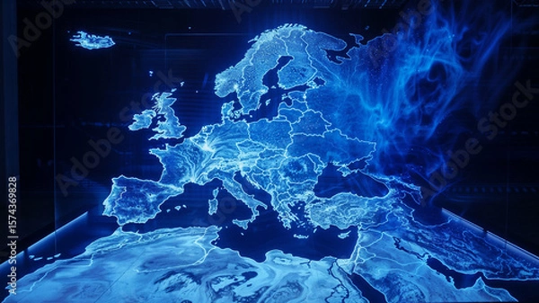 Fototapeta Blue illuminated European continent map with glowing borders and dramatic lighting effects creating strategic geopolitical visualization