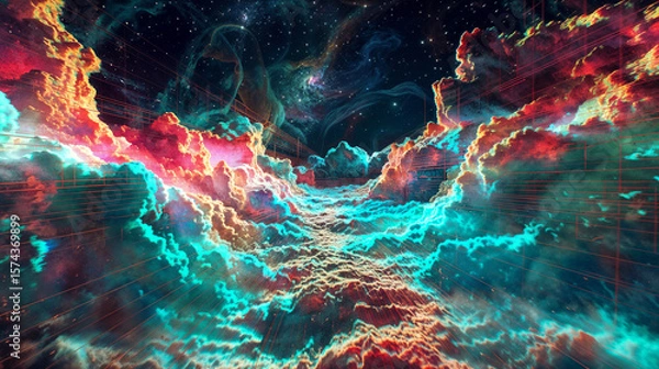 Fototapeta Abstract iridiscent cosmic nebula with swirling turquoise and coral energy formations creating ethereal space artwork in vibrant colors of clouds for a wallpaper background
