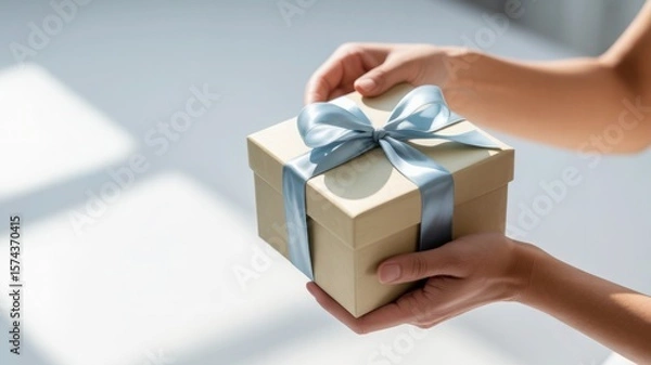 Obraz Hands holding a simple kraft paper gift box tied with a luxurious blue satin ribbon