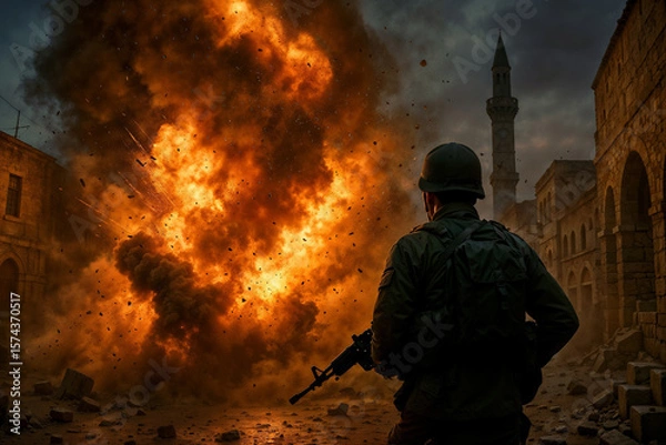 Fototapeta Soldier silhouette observing massive explosion in war-torn Middle Eastern city with mosque minaret visible, depicting conflict and destruction aftermath