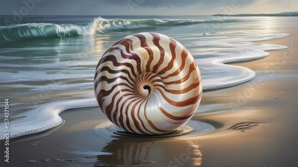 Obraz Close up of a large spiral seashell on a wet sandy beach with gentle waves, seashell on the beach