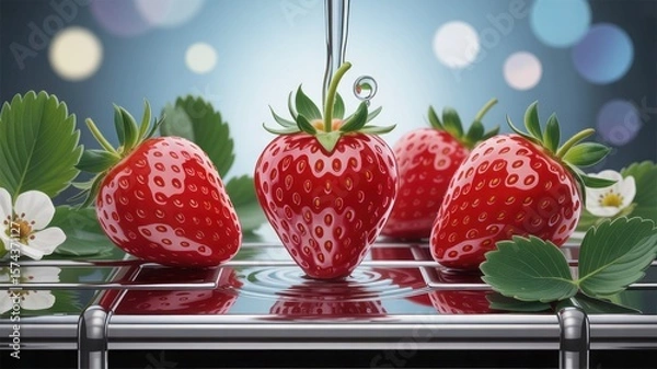 Obraz Fresh strawberries being washed under streams of water with droplets flying