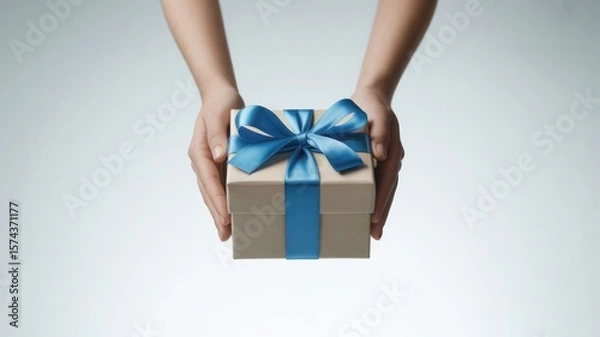 Obraz Hands holding a simple kraft paper gift box tied with a luxurious blue satin ribbon