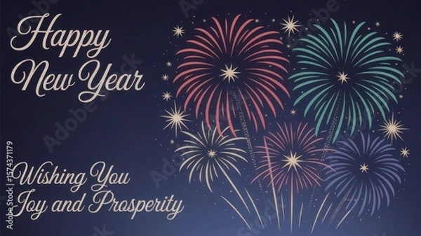 Obraz Happy new year greeting with colorful fireworks and sparkling stars on a dark background