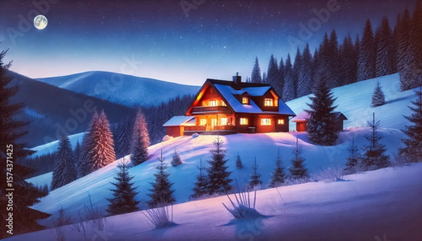 Obraz Snowy Mountain Lodge at Dusk with Illuminated Windows