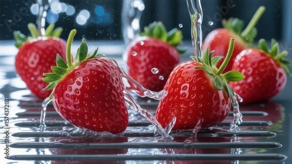 Obraz Fresh strawberries being washed under streams of water with droplets flying
