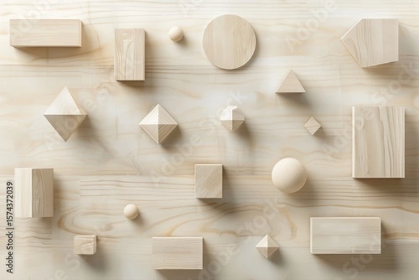 Fototapeta Natural wooden geometric shapes create an abstract minimalist composition on a light wood background ideal for architectural and educational design