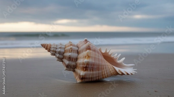 Obraz Close up of a large spiral seashell on a wet sandy beach with gentle waves