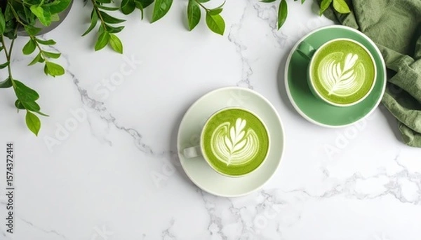 Fototapeta green matcha latte with heart-shaped latte art on white saucer surrounded by fresh green leaves on marble surface