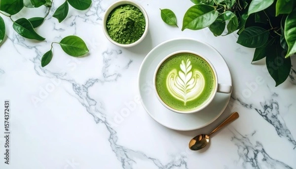 Fototapeta green matcha latte with heart-shaped latte art on white saucer surrounded by fresh green leaves on marble surface