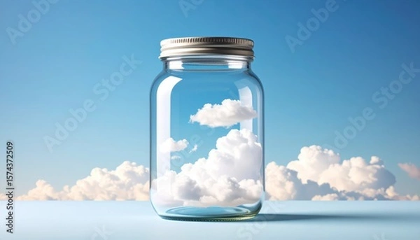 Fototapeta glass jar appearing to hold fluffy white clouds against vibrant blue sky creating surreal visual illusion