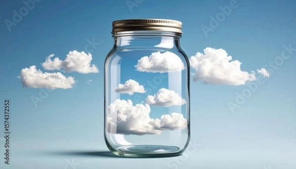 Fototapeta glass jar appearing to hold fluffy white clouds against vibrant blue sky creating surreal visual illusion