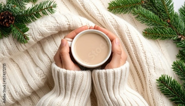 Fototapeta hands in cozy sweater holding coffee cup with autumn leaf on soft blanket in warm relaxing seasonal mood