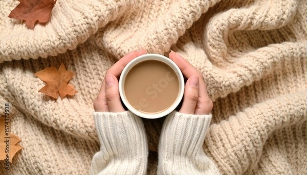 Fototapeta hands in cozy sweater holding coffee cup with autumn leaf on soft blanket in warm relaxing seasonal mood