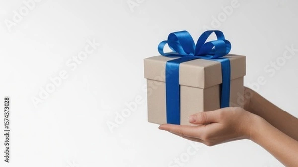 Obraz Hands holding a simple kraft paper gift box tied with a luxurious blue satin ribbon
