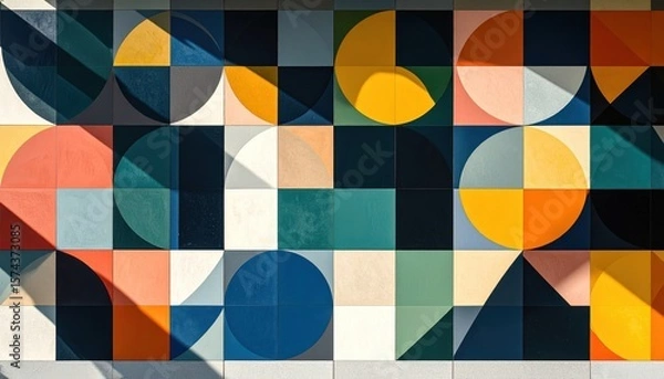 Fototapeta abstract geometric composition with overlapping primary shapes in bold red, yellow, blue, and black tones enhanced by shadows and layered depth