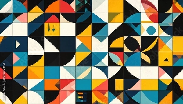 Fototapeta abstract geometric composition with overlapping primary shapes in bold red, yellow, blue, and black tones enhanced by shadows and layered depth