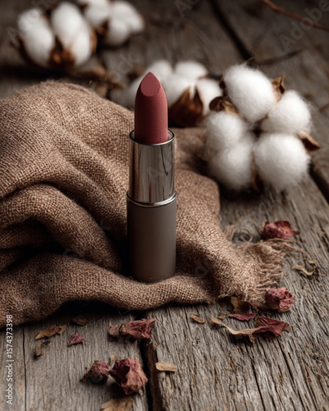 Fototapeta Lipstick placed on rustic wood surrounded by cotton fabric and dried flowers creates warm and inviting atmosphere. soft textures and natural elements enhance beauty of product