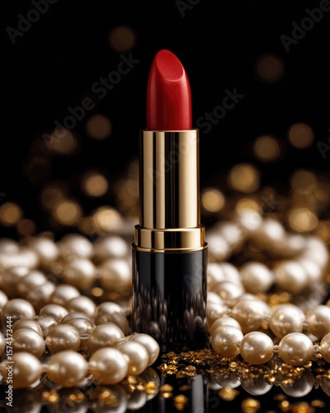 Fototapeta Vibrant red lipstick stands elegantly amidst luxurious arrangement of pearls, creating glamorous and sophisticated atmosphere. shiny surface of lipstick contrasts beautifully with soft luster
