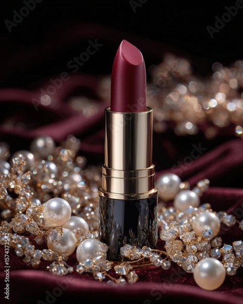 Fototapeta Luxurious lipstick in deep red shade, elegantly placed among shimmering pearls and sparkling crystals, creating glamorous and sophisticated atmosphere