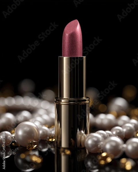 Fototapeta Luxurious lipstick in golden tube, surrounded by elegant white pearls and sparkling golden crystals, creates glamorous and sophisticated atmosphere