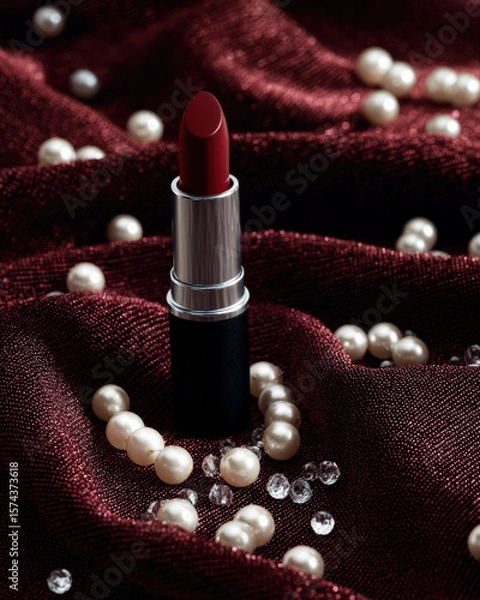Fototapeta Vibrant red lipstick elegantly placed on rich burgundy fabric, surrounded by lustrous white pearls and sparkling small diamonds, creating luxurious and glamorous atmosphere