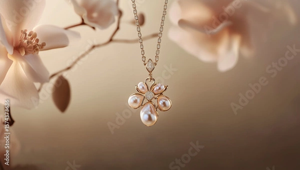 Fototapeta Elegant pearl necklace adorned with floral design, showcasing luxury and sophistication against soft, blurred background of magnolia flowers